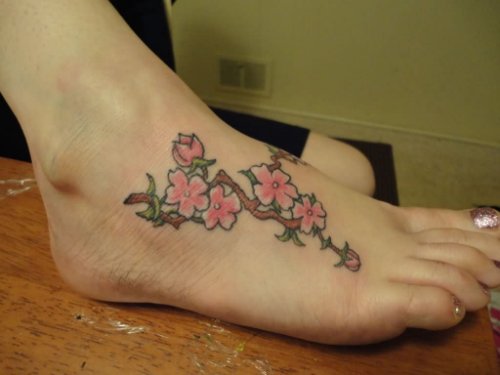 Girl Right Foot Cherry Blosoom Tattoo